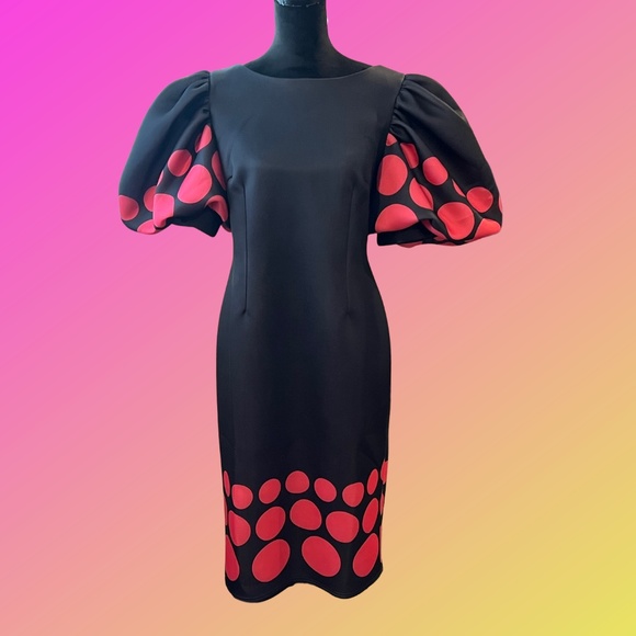 # A054 For Her NYC  Black Dress fuchsia  Polka Dot  Puff Sleeve NWT Size XL - Picture 1 of 6